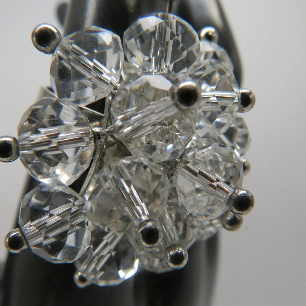Vintage Style Clear Crystal Bead Cluster Cocktail Ring Silver Tone Size 6 Adj